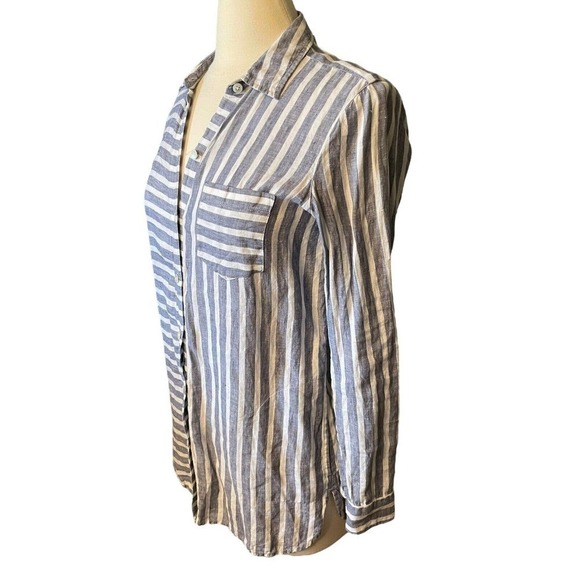 J Jill Linen Blue and White Stripes Button Front Blouse XS Pockets Oversized - Picture 2 of 9